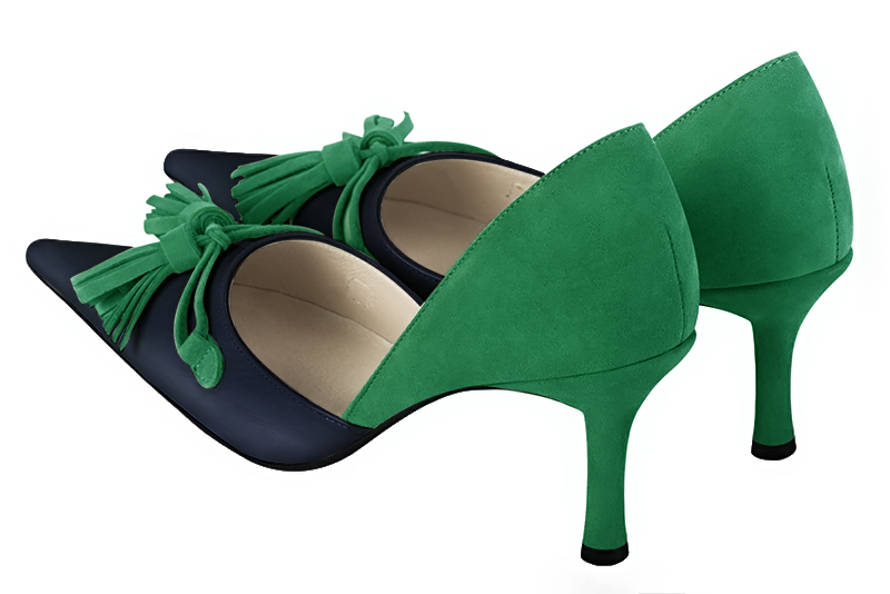 Navy blue and emerald green women's open arch dress pumps. Pointed toe. High slim heel. Rear view - Florence KOOIJMAN